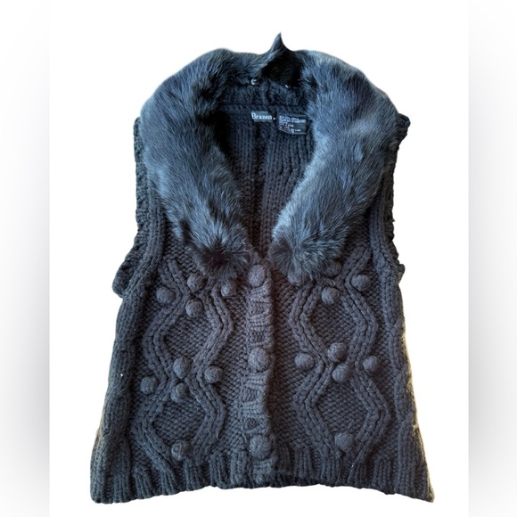 Womens Black Cable Knit Sweater Vest With Real Rabbit Fur Removable Collar Small - Picture 5 of 7